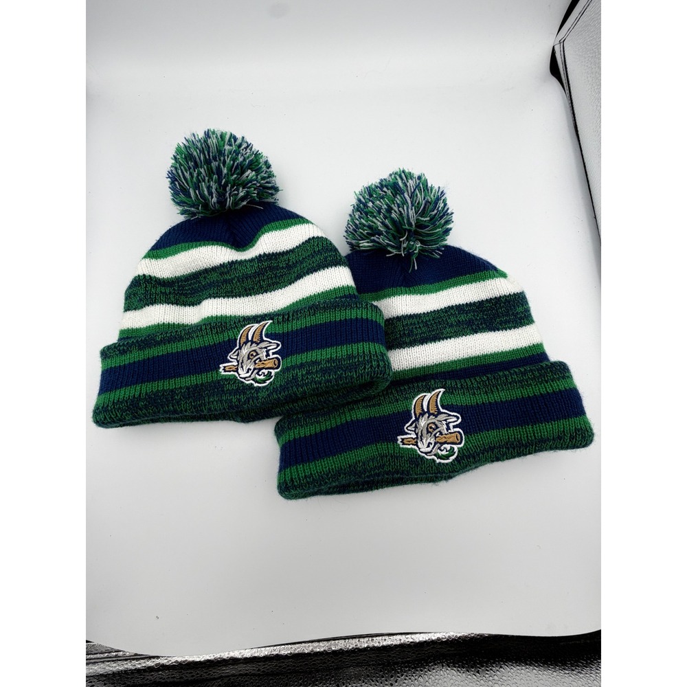 Hartford Yard Goats MiLB Baseball Knit Beanie Hat Pom Pom Striped Navy Green 2pk